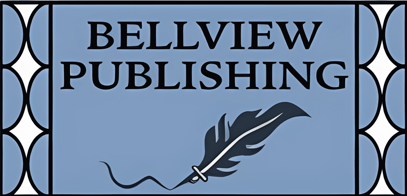 Blue Bellview Publishing emblem with feather.