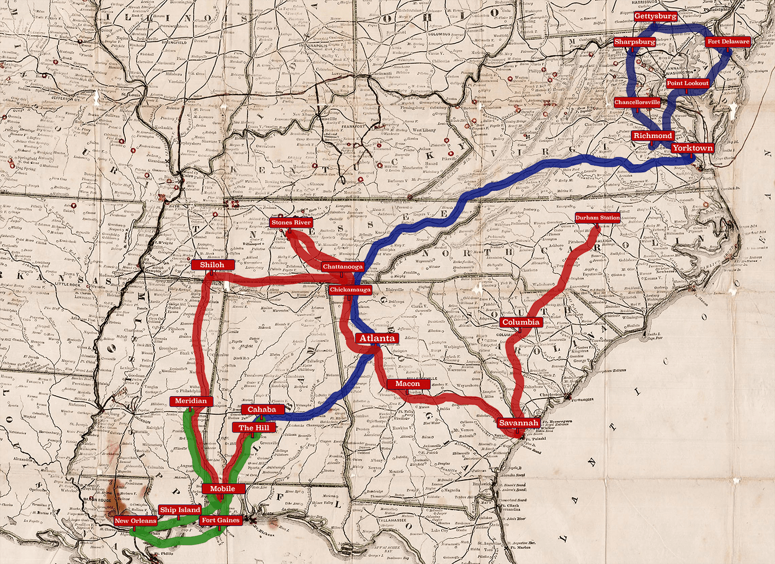 Historic railway map with highlighted routes