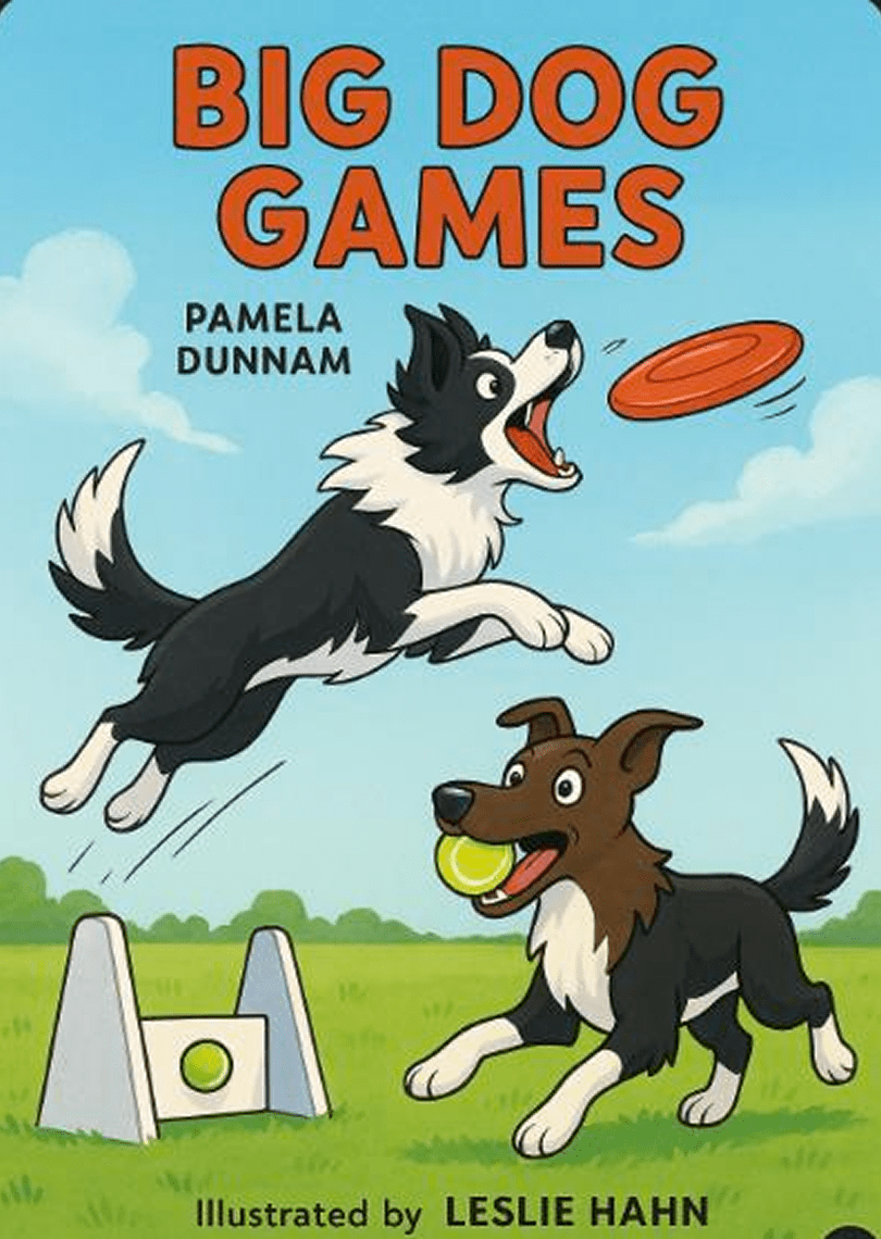 Cartoon dogs playing with frisbee and ball