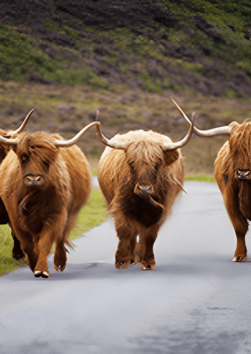 Highland cows walking on a rural road.